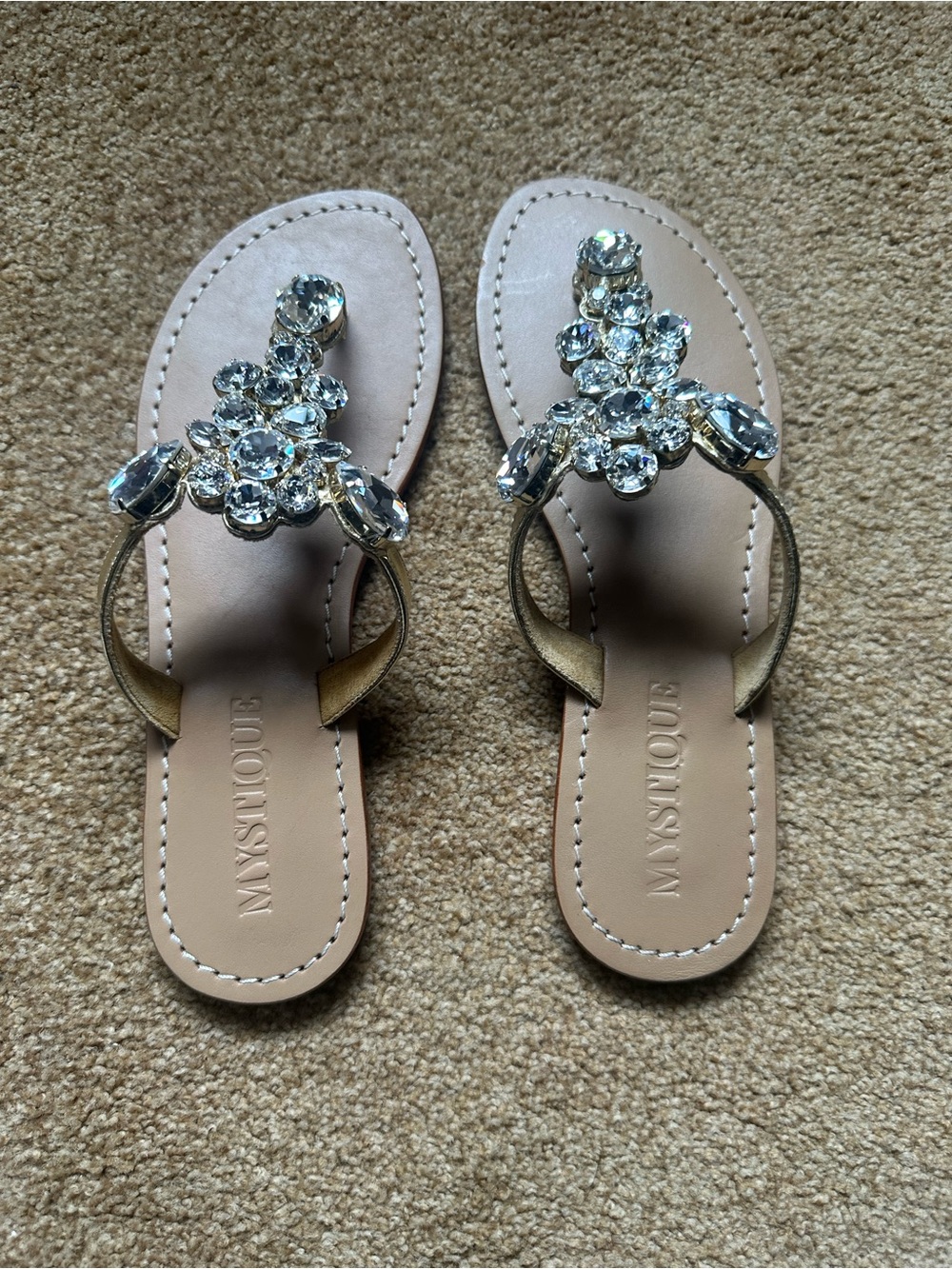 Mystique Boutique Nude Jeweled Thong Sandals